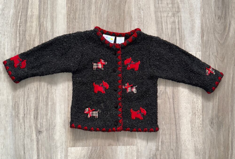 MINIWEAR Girl's Cardigan Sweater With Scottie Dogs gray/red- size 12M